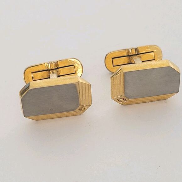 Givenchy Cufflinks Set Rectangle Gold Silver Tone Logo Vintage Geometric Designe - Picture 1 of 7
